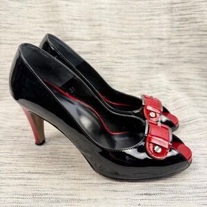 LaDuca‎ Black Red Buckle Peep Toe Retro Patent Leather Heels Size 7 Party Pinup